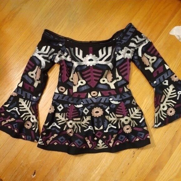 Venus top. Black aztec mexican black print off shoulder top shirt s small blouse - Picture 3 of 9